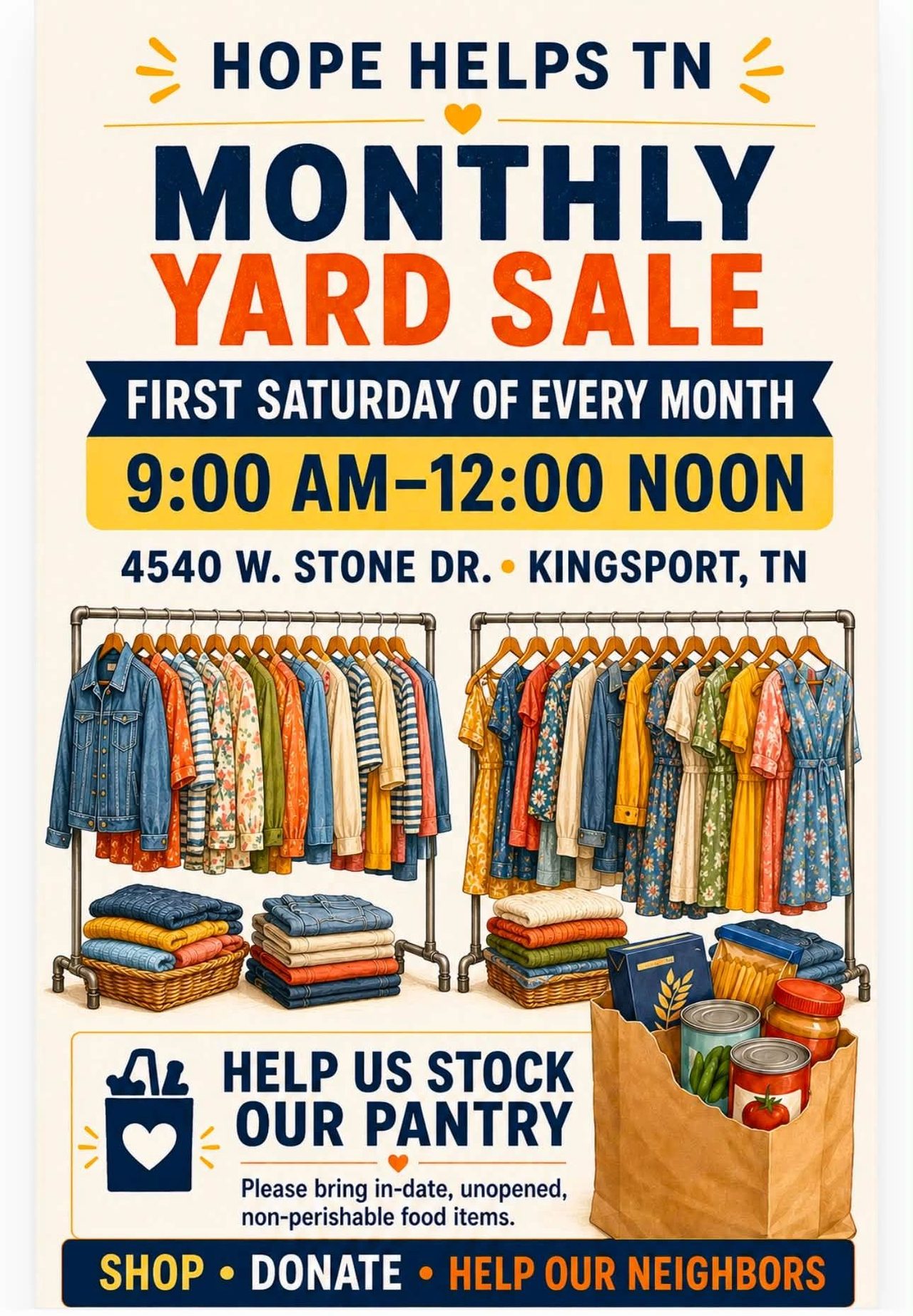 Hope Helps TN monthly yard sale flyer: first Saturday of every month, 9am to noon